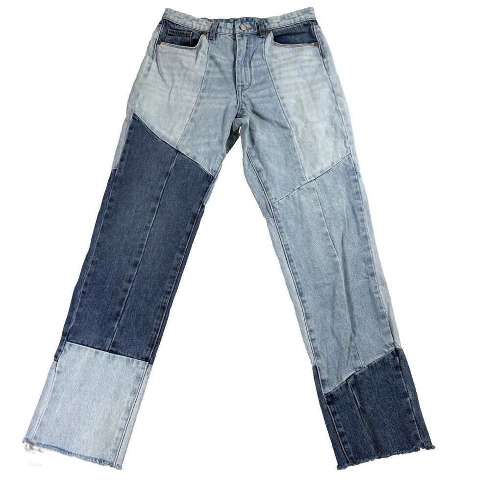 Patchwork Jeans Womens Size 29 Blue Two Tone Y2K Vintage Denim Straight Raw Hem